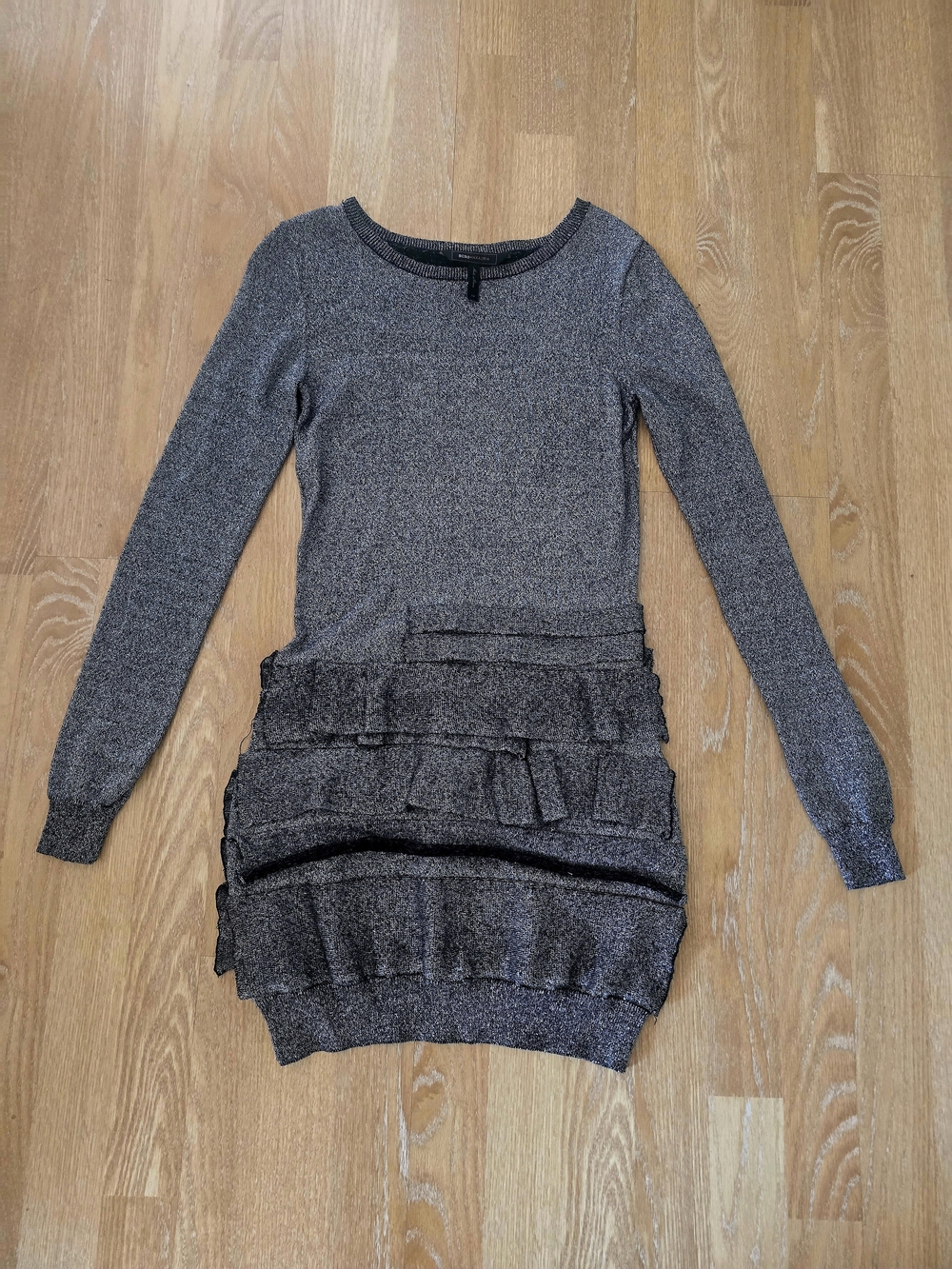 BCBGMaxAzria Silver Metallic Ruffle-Hem Crew Sweater Dress